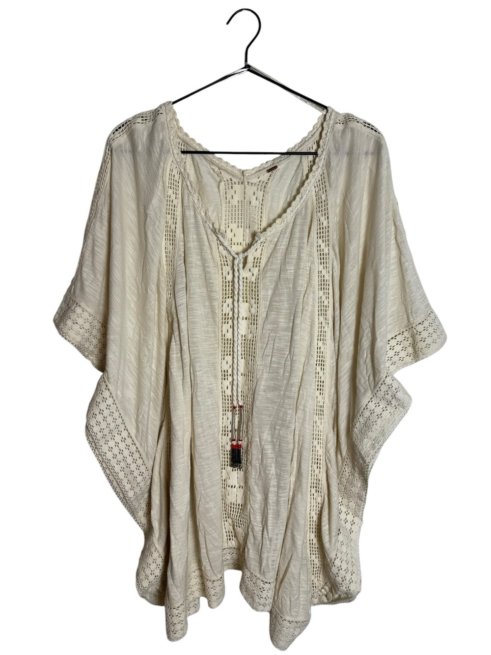 Free People Square Boho Hippie Tunic Crochet Lace Inserts Cream Top